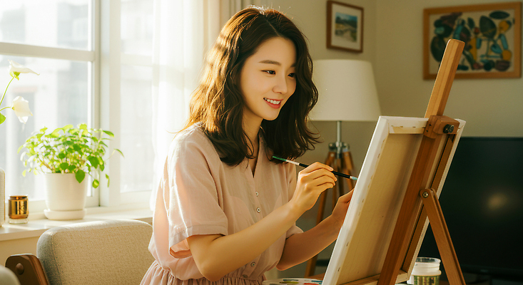 JPG 편집이미지 행복 컬러 미술 햇빛 방 도구 집중 그림 캔버스 아티스트 오후 창의성 창작 의료성형뷰티 편집실사 AI포토 AI인물포토 AI콘텐츠 직업 감정 컨셉 문화예술 태양 CG 파일형식