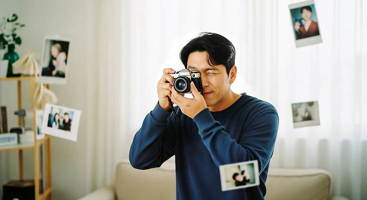 JPG 편집이미지 남자 행복 포즈 실내 미소 카메라 촬영 관찰 추억 즐거움 소통 순간 의료성형뷰티 편집실사 AI포토 AI인물포토 AI콘텐츠 감정 컨셉 모션 표정 사람 내부 전자제품 CG 파일형식