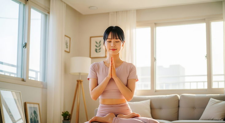 JPG 편집이미지 여자 포즈 거실 요가 건강 운동 평화 스트레칭 마음 편안함 집중 명상 자아 의료성형뷰티 홈트레이닝 편집실사 AI포토 AI인물포토 AI콘텐츠 웰빙 컨셉 사람 감각 CG 파일형식