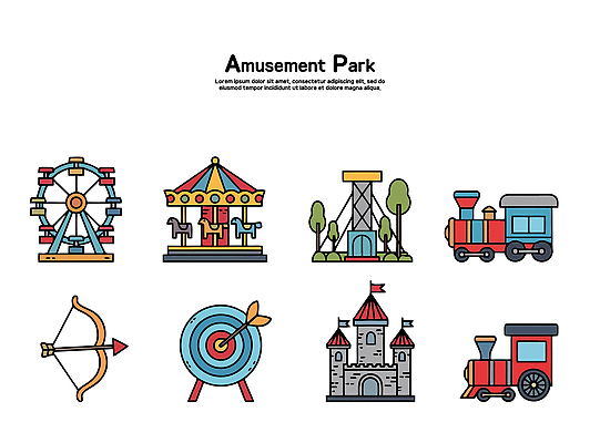 어린이 컬러 일러스트 가족 풍경 친구 테마파크 놀이공원 기차 도전 성 놀이기구 즐거움 대관람차 활쏘기 회전목마 발상 기획사 국내일러스트 AI파일 건축물 감정 육상교통 회사 관계 모션 놀이 대중교통 사람 공간 파일형식 벡터