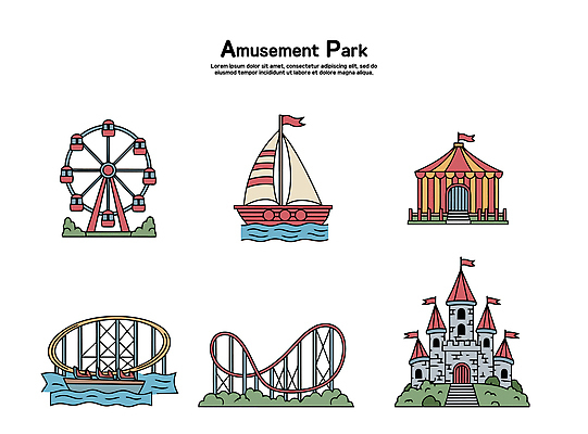 음악 컬러 일러스트 가족 모션 놀이 풍경 취미 놀이공원 성 변화 놀이기구 즐거움 대관람차 방문 회전목마 롤러코스터 원형극장 선박 국내일러스트 AI파일 건축물 감정 컨셉 수상교통 관계 문화예술 테마파크 극장 파일형식 벡터