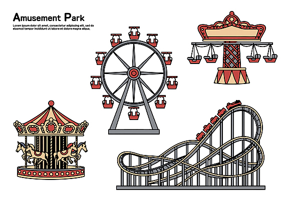 상징 여행 일러스트 가족 모션 놀이 풍경 축제 테마파크 놀이공원 게임 놀이기구 즐거움 대관람차 방문 회전목마 롤러코스터 기획사 국내일러스트 AI파일 감정 회사 관계 공간 파일형식 벡터