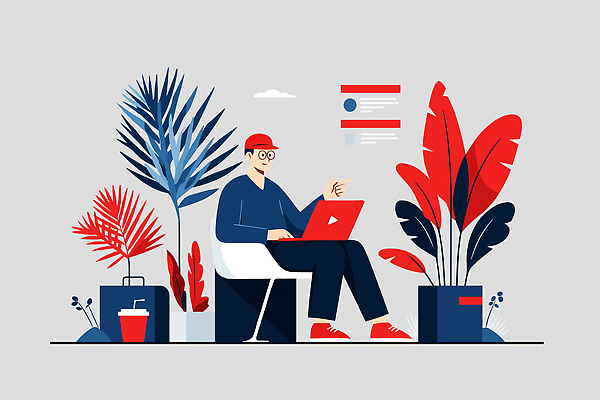 식물 디자인 남자 일러스트 휴식 앉기 빨간색 파란색 컴퓨터 사무실 공간 작업 분위기 편안함 모던 조화 사무용의자 창의성 국내일러스트 AI파일 컬러 컨셉 의자 비즈니스 모션 사람 전자제품 감각 파일형식 벡터