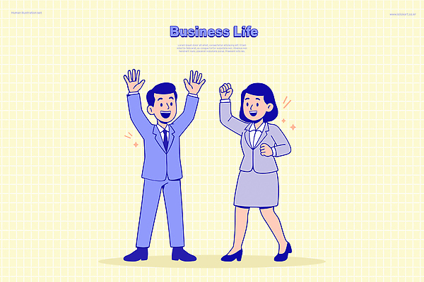 여자 남자 일러스트 비즈니스 성공 협력 기념 직장 형상 정장 기쁨 만남 축하 표현 작업 결과 긍정 소통 전문 국내일러스트 AI파일 옷 감정 컨셉 회사 사람 파일형식 벡터