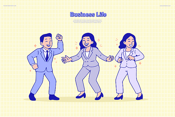 직업 일러스트 비즈니스 모션 협력 직장 정장 여러명 경제 사무실 환경 활발 춤 직원 즐거움 소통 창의력 국내일러스트 AI파일 옷 감정 다수 컨셉 회사 문화예술 사람 파일형식 벡터