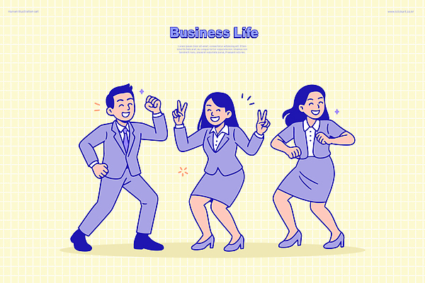행복 일러스트 비즈니스 모션 회의 협력 일상 사무실 활발 에너지 표현 춤 유머 분위기 직원 즐거움 소통 국내일러스트 AI파일 감정 컨셉 문화예술 라이프 파일형식 벡터