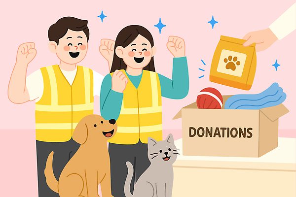 동물 행복 분홍색 일러스트 모션 따뜻함 친구 반려동물 고양이 기쁨 봉사 강아지 플라스틱 사회봉사 기부 안전조끼 참여 후원 국내일러스트 AI파일 감정 컬러 포유류 관계 재질 도움 개 파일형식 벡터