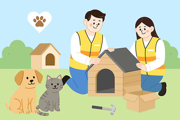 동물 커플 공원 행복 컬러 일러스트 가족 모션 자연 여러명 친구 반려동물 햇빛 고양이 봉사 강아지 즐거움 개집 조립 국내일러스트 AI파일 공공시설 감정 다수 포유류 관계 사람 태양 도움 개 생태계 애견용품 파일형식 벡터