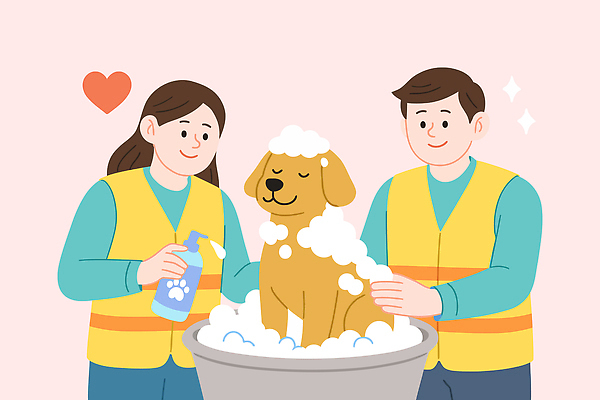 동물 행복 반려견 일러스트 사랑 반려동물 위생용품 목욕 청결 거품 조끼 봉사 강아지 청소 서비스 친환경 동물보호 자원 기부 돌봄 국내일러스트 AI파일 감정 생활용품 모션 환경 외투 도움 개 위생 사회이슈 파일형식 벡터