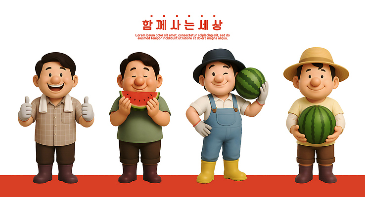 PSD 편집이미지 캐릭터 행복 농업 과일 가족 모션 수박 웃음 여름 농작물 농장 농사 즐거움 편집3D 계절 감정 산업 관계 표정 3D 파일형식