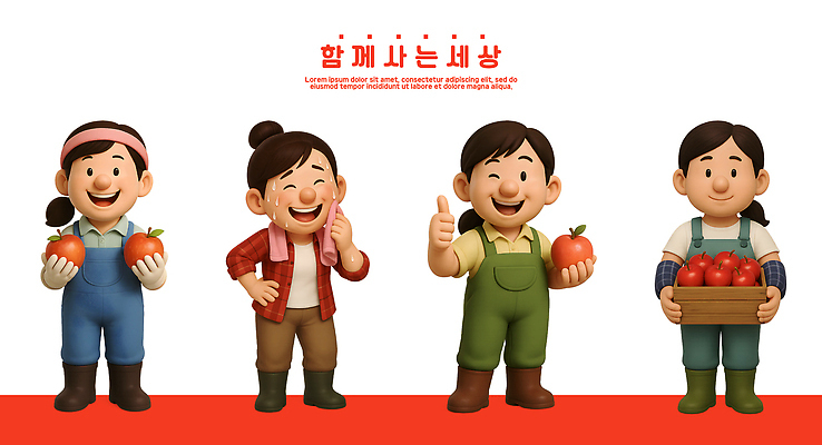 PSD 편집이미지 농업 가족 모션 자연 함께함 따뜻함 여러명 농장 수확 체험 사과 즐거움 편집3D 감정 산업 다수 컨셉 과일 관계 사람 3D 생태계 파일형식