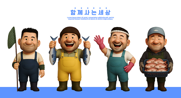 PSD 편집이미지 캐릭터 남자 행복 바다 협력 작업복 어류 어업 웃음 해변 해산물 친목 어획 편집3D 옷 감정 산업 표정 사람 3D 수중동물 파일형식