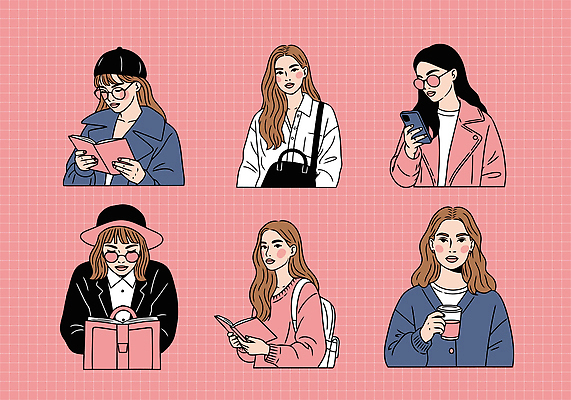 캐릭터 헤어스타일 디자인 여자 패션 안경 분홍색 일러스트 모션 미소 소녀 책 스마트폰 독서 그림 개성 소통 사춘기 스타일 국내일러스트 AI파일 잡화 어린이 컬러 컨셉 표정 사람 핸드폰 스마트기기 파일형식 벡터