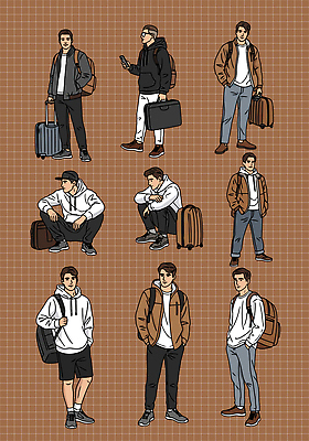 옷 남자 남학생 여행 포즈 가방 일러스트 배낭 학교 모션 청소년 거리 앉기 캐주얼 친구 청춘 걷기 다양 대기 스타일 국내일러스트 AI파일 학생 잡화 교육 다수 컨셉 관계 사람 파일형식 벡터