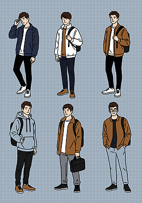 캐릭터 디자인 옷 패션 남자 컬러 포즈 신발 가방 일러스트 청소년 그래픽 캐주얼 그리기 스니커즈 그림 백팩 스타일 국내일러스트 AI파일 잡화 운동화 모션 사람 파일형식 벡터