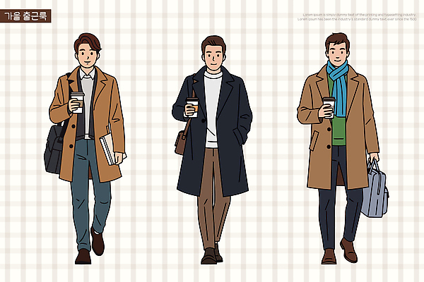 패션 남자 커피 음료 일러스트 아침 직장 일상 세명 걷기 카페 촉촉함 코트 가을 도시 분위기 편안함 출근 스타일 국내일러스트 AI파일 주간 계절 컨셉 회사 모션 사람 라이프 상점 외투 젖음 감각 출퇴근 파일형식 벡터
