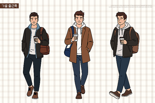 옷 남자 커피 일러스트 배낭 거리 일상 생활 캐주얼 카페 가을 니트 도보 스타일링 현상 국내일러스트 AI파일 계절 음료 상의 가방 사람 라이프 상점 파일형식 벡터