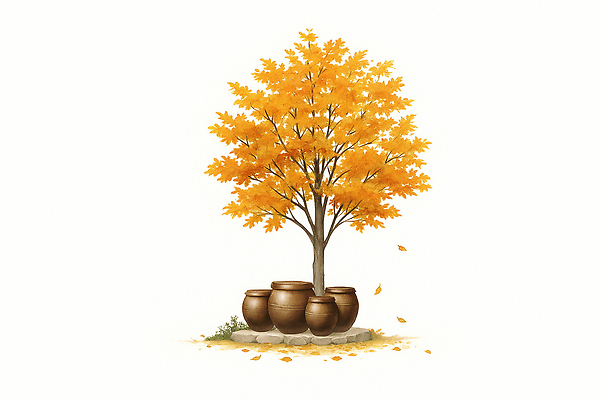 JPG 나무 컬러 단풍 잎 일러스트 자연 나뭇잎 풍경 정원 고요 금색 가을 시골 항아리 떨어짐 오브젝트 조화 뷰티풀 풍경화 국내일러스트 AI일러스트 AI콘텐츠 식물 계절 컨셉 도자기 그림 생태계 파일형식
