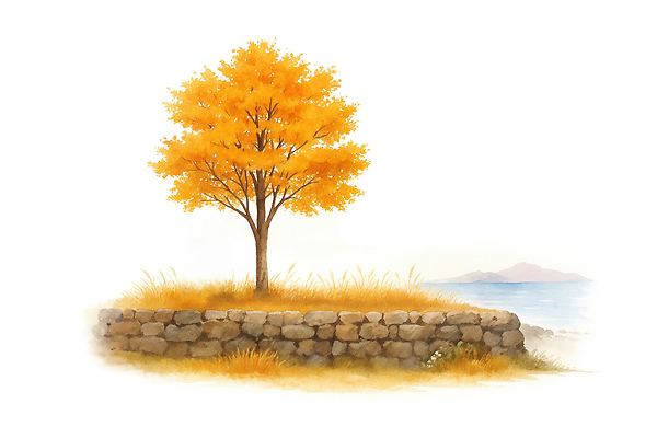 JPG 나무 예술 바다 단풍 일러스트 자연 산 돌담 풍경 잔디 노란색 가을 시골 분위기 조화 뷰티풀 색감 영감 경관 차분 국내일러스트 AI일러스트 AI콘텐츠 식물 계절 컬러 컨셉 잎 담장 돌_바위 생태계 파일형식