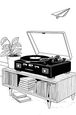 JPG 식물 디자인 예술 음악 가구 거실 일러스트 선반 취미 생활 책 인테리어 감상 빈티지 서재 편안함 종이비행기 소음 레코드플레이어 국내일러스트 AI일러스트 AI콘텐츠 생활용품 컨셉 문화예술 소리 감각 종이접기 파일형식