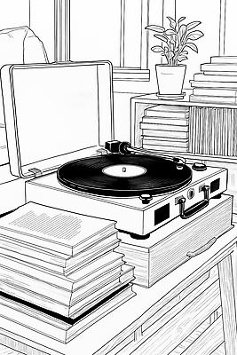 JPG 식물 여유 음악 일러스트 탁자 실내 취미 생활 책 인테리어 독서 환경 공간 가전제품 교양 빈티지 편안함 창가 감성 턴테이블 국내일러스트 AI일러스트 AI콘텐츠 디자인 감정 가구 컨셉 창문 문화예술 내부 감각 파일형식