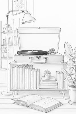 JPG 식물 디자인 음악 가구 일러스트 조명 주택 책 인테리어 독서 공간 방 분위기 편안함 오브젝트 그림 정리 턴테이블 국내일러스트 AI일러스트 AI콘텐츠 생활용품 컨셉 문화예술 건물 감각 파일형식