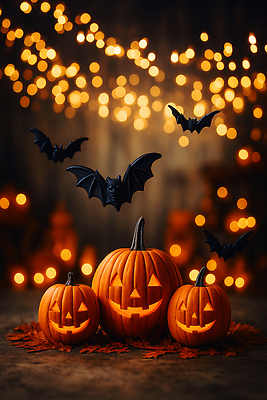 JPG 편집이미지 전통 계절 기념일 호박 조명 대화 웃음 장식 파티 축제 할로윈 축하 분위기 밤 박쥐 이미지편집 AI컴퓨터그래픽 AI콘텐츠 컨셉 채소 포유류 표정 말하기 이벤트 견과류 파일형식