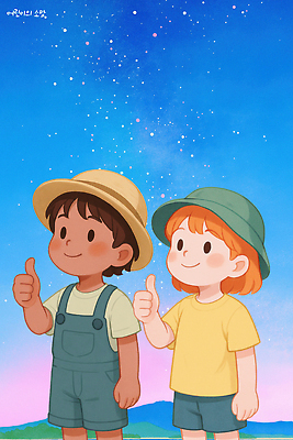 PSD 캐릭터 행복 별 어린이 일러스트 자연 밤하늘 하늘 밝음 미소 웃음 여름 친구 소풍 만남 엄지손가락 체험 즐거움 긍정적 국내일러스트 자연요소 계절 감정 컨셉 손가락 관계 표정 사람 야외활동 야간 생태계 파일형식