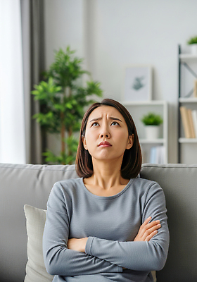 JPG 식물 편집이미지 여자 감정 생각 휴식 주택 실내 표정 소파 공간 편안함 고민 조용 사색 층간소음 의료성형뷰티 편집실사 AI포토 AI인물포토 AI콘텐츠 컨셉 의자 사람 내부 건물 감각 CG 소음 파일형식