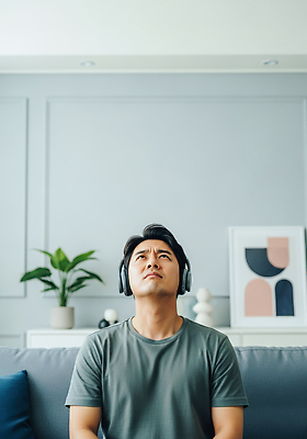 JPG 식물 편집이미지 남자 감정 음악 거실 탁자 휴식 표정 인테리어 소파 헤드폰 듣기 편안함 집중 모던 층간소음 의료성형뷰티 편집실사 AI포토 AI인물포토 AI콘텐츠 디자인 음향기기 가구 컨셉 의자 모션 문화예술 사람 감각 CG 소음 파일형식