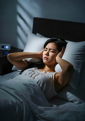 JPG 편집이미지 여자 감정 스트레스 방 고통 짜증 침대 수면 밤 귀막기 소음 불면증 층간소음 의료성형뷰티 불편함 편집실사 AI포토 AI인물포토 AI콘텐츠 가구 사람 손짓 물 소리 견과류 감각 질병 CG 파일형식