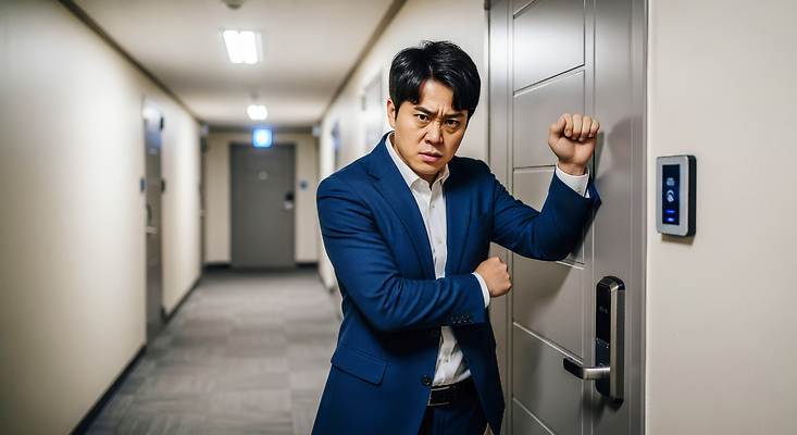 JPG 편집이미지 남자 모션 거리 표정 사람 정장 사무실 문 어둠 소리 복도 층간소음 의료성형뷰티 두드리기 편집실사 AI포토 AI인물포토 AI콘텐츠 옷 비즈니스 CG 소음 파일형식