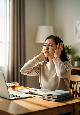 JPG 편집이미지 여자 스트레스 일상 노트북 환경 카페 작업 비교 분위기 차 집중 소음 층간소음 의료성형뷰티 불편함 편집실사 AI포토 AI인물포토 AI콘텐츠 음료 컨셉 사람 라이프 전자제품 상점 소리 감각 CG 파일형식