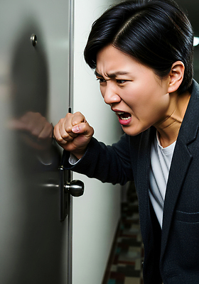 JPG 편집이미지 시선 여자 감정 모션 표정 문 원근감 분노 복도 긴장 소통 노크 순간 층간소음 의료성형뷰티 편집실사 AI포토 AI인물포토 AI콘텐츠 뷰포인트 컨셉 사람 CG 소음 파일형식