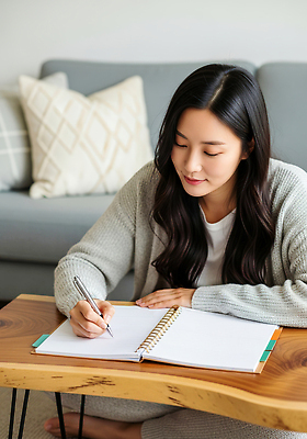 JPG 편집이미지 여자 거실 탁자 휴식 조명 일상 인테리어 소파 공책 기록 편안함 집중 창의성 의료성형뷰티 편집실사 AI포토 AI인물포토 AI콘텐츠 디자인 가구 컨셉 의자 문구용품 사람 라이프 감각 CG 파일형식