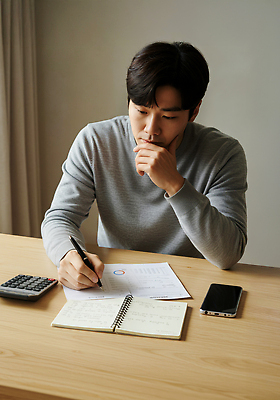 JPG 편집이미지 남자 생각 실험 노트북 스마트폰 사무실 사각형 계산기 기록 작업 전문직 계획 집중 책상 문서 의료성형뷰티 편집실사 AI포토 AI인물포토 AI콘텐츠 도형 직업 가구 컨셉 비즈니스 문구용품 사람 전자제품 핸드폰 스마트기기 장비 CG 파일형식