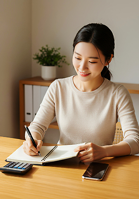 JPG 편집이미지 여자 실내 미소 일상 학습 공책 공간 기록 작업 사무 편안함 집중 나무탁자 의료성형뷰티 편집실사 AI포토 AI인물포토 AI콘텐츠 교육 컨셉 탁자 문구용품 표정 사람 내부 라이프 업무 감각 CG 파일형식