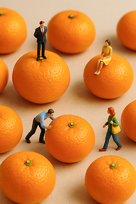 JPG 편집이미지 여자 남자 음식 인형 컬러 과일 모션 귤 일상 촬영 관찰 크기 배열 즐거움 편집실사 AI컴퓨터그래픽 AI콘텐츠 감정 사람 라이프 CG 파일형식