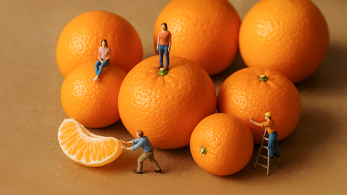 JPG 편집이미지 예술 인형 과일 놀이 귤 아이디어 풍경 일상 미니어처 오브젝트 조화 상상력 색감 창의성 편집실사 AI컴퓨터그래픽 AI콘텐츠 컨셉 라이프 모형 CG 파일형식