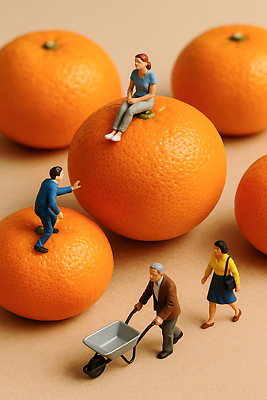 JPG 편집이미지 여자 남자 인형 컬러 백그라운드 과일 모션 대화 사람 풍경 상반신 미니어처 즐거움 편집실사 AI컴퓨터그래픽 AI콘텐츠 감정 말하기 모형 CG 파일형식