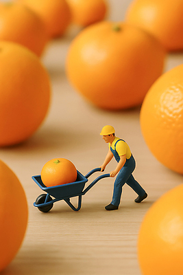 JPG 편집이미지 농업 과일 주황색 수레 미니어처 수확 신선 작업 농부 오브젝트 편집실사 AI컴퓨터그래픽 AI콘텐츠 직업 산업 컬러 모형 카트 CG 파일형식