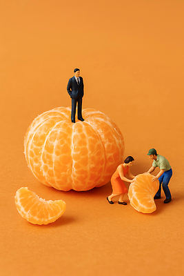 JPG 편집이미지 여자 남자 음식 인형 백그라운드 과일 귤 조형물 미니어처 껍질 작업 상상력 편집실사 AI컴퓨터그래픽 AI콘텐츠 미술 사람 모형 CG 파일형식