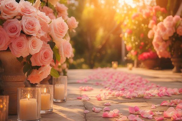 JPG 편집이미지 꽃잎 꽃 촛불 자연 미소 빛 장미 노을 정원 일몰 로맨틱 의식 분위기 뷰티풀 편집실사 AI포토 AI콘텐츠 자연요소 식물 컨셉 초 표정 CG 생태계 파일형식