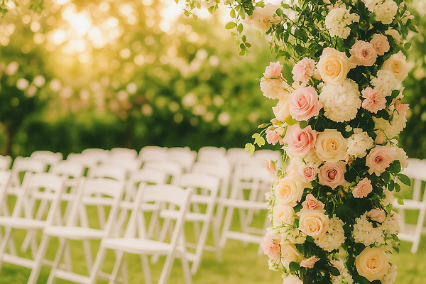 JPG 편집이미지 꽃 화초 의자 자연 결혼식 이벤트 장식 여름 정원 로맨틱 분위기 지방 준비 뷰티풀 화창 편집실사 AI포토 AI콘텐츠 식물 계절 가구 결혼 컨셉 날씨 기름_음식 CG 생태계 파일형식