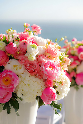 JPG 편집이미지 꽃 바다 분홍색 결혼식 이벤트 야외 장식 여름 장미 화관 흰색 수국 조화 뷰티풀 플로리스트 편집실사 AI포토 AI콘텐츠 식물 직업 계절 컬러 결혼 CG 파일형식