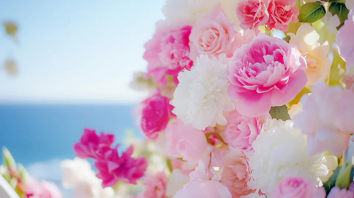 JPG 편집이미지 꽃 예술 바다 분홍색 꽃다발 자연 풍경 야외 여름 장미 흰색 화사함 조화 뷰티풀 편집실사 AI포토 AI콘텐츠 식물 계절 컬러 컨셉 CG 생태계 파일형식