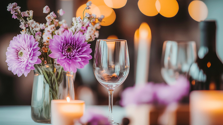 JPG 편집이미지 꽃 촛불 탁자 잔 장식 꽃병 보라색 식사 저녁식사 로맨틱 분위기 편안함 편집실사 AI포토 AI콘텐츠 식물 식기 컬러 가구 컨셉 초 감각 CG 파일형식