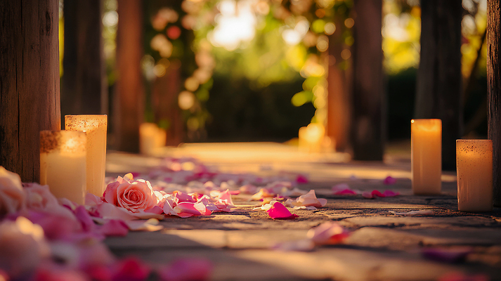 JPG 편집이미지 꽃잎 데이트 촛불 자연 결혼식 조명 사랑 장미 평화 정원 산책로 로맨틱 분위기 저녁 편집실사 AI포토 AI콘텐츠 꽃 감정 길 결혼 컨셉 초 야간 CG 생태계 파일형식