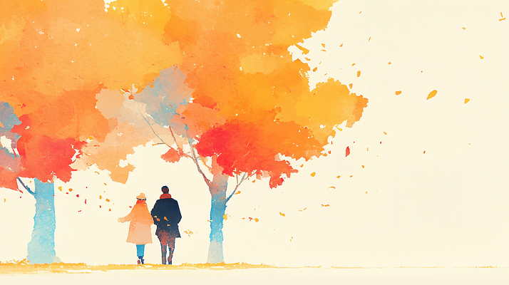 JPG 나무 계절 컬러 단풍 잎 일러스트 자연 바람 풍경 두명 평화 산책 로맨틱 가을 부드러움 감성 나란히 뷰티풀 차분 국내일러스트 AI일러스트 AI콘텐츠 자연요소 식물 컨셉 날씨 휴식 사람 감각 생태계 파일형식