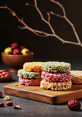 JPG 편집이미지 전통 음식 컬러 디저트 조명 과자 빵집 견과류 나무판자 건강식 유과 핸드메이드 귀리 편집실사 AI포토 AI콘텐츠 곡류 목재 상점 CG 한과 파일형식